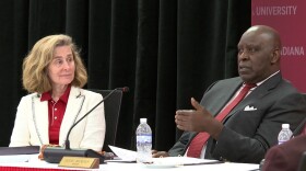 Indiana University President Pamela Whitten and IU Trustee Chair Quinn Buckner at the Feb. 20, 2025 board meeting.