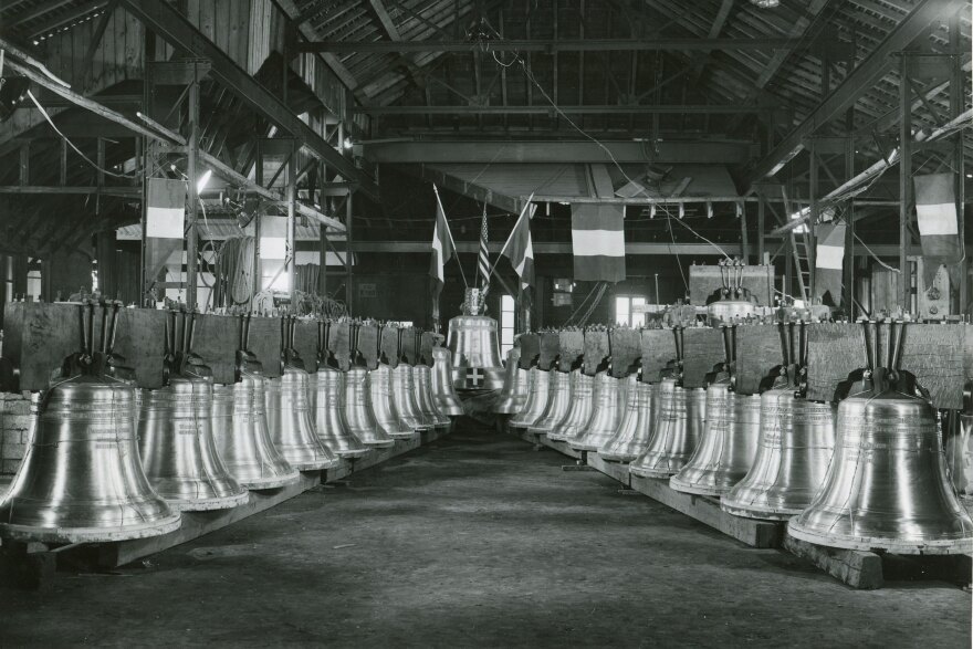 This 1950 photo provided by Paccard Foundry shows rows of replica Liberty Bells, ordered by the U.S. Treasury for a savings bond drive, as they await shipment at the Paccard Foundry in Lac d'Annecy, France.