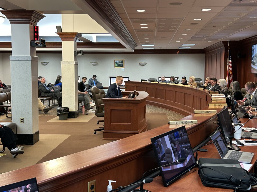 Rep. Aaron Aylward speaks to the House State Affairs Committee on Jan. 28, 2026, at the state Capitol building in Pierre, SD.