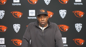 Oregon State football head coach JaMarcus Shephard addresses the media on Oct. 26, 2026. The Beavers enter Week 9 at 3-0 in Pac-12 play.