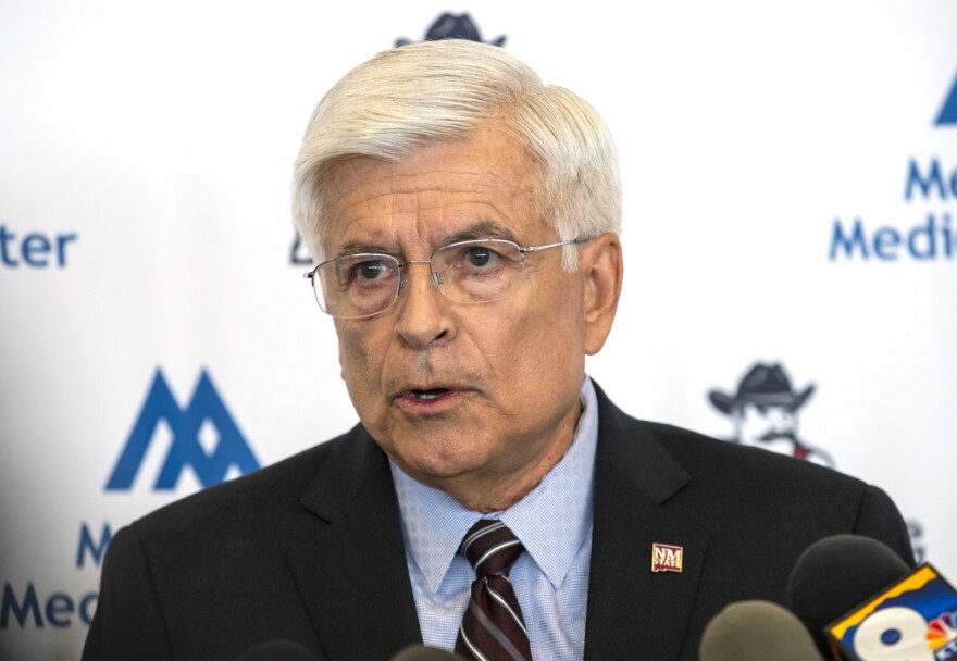 FILE - New Mexico State University Chancellor Dan Arvizu speaks during a news conference, Feb. 15, 2023, in Las Cruces, N.M. New Mexico State University's embattled chancellor, who has been facing a climate of deep distrust and frustration with school leadership, is leaving, the NMSU Board of Regents announced Friday, April 7. (AP Photo/Andrés Leighton, File)