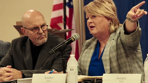 State Sen. Terri Bryant speaks Wednesday during a hearing in Du Quoin held by the Illinois Commission on Government Forecasting and Accountability regarding the proposed closure of the Du Quoin Impact Program.