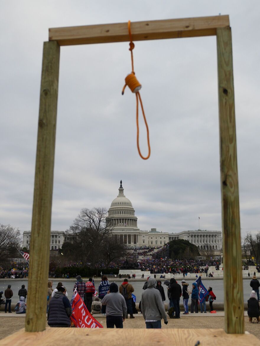 A noose on makeshift gallows was erected as supporters of President Donald Trump gathered on the west side of the U.S. Capitol on Jan. 6, 2021.