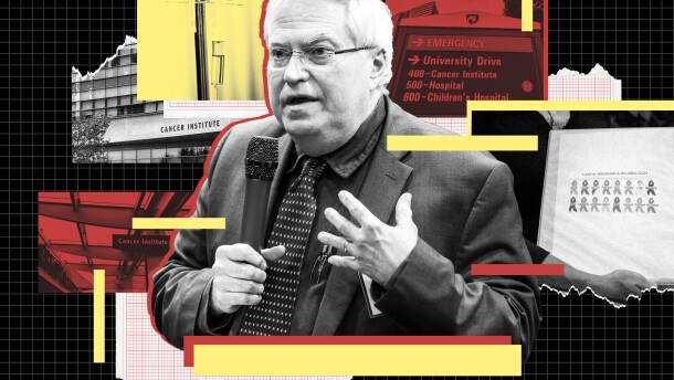 A photo illustration of Raymond Hohl encircled by images of the Penn State Cancer Institute, a medical device, and a nurse’s binder of thank you notes.