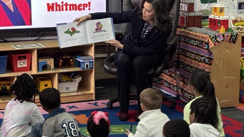 Governor Gretchen Whitmer reads a book to a class of 4- and 5-year-olds on March 25, 2026.