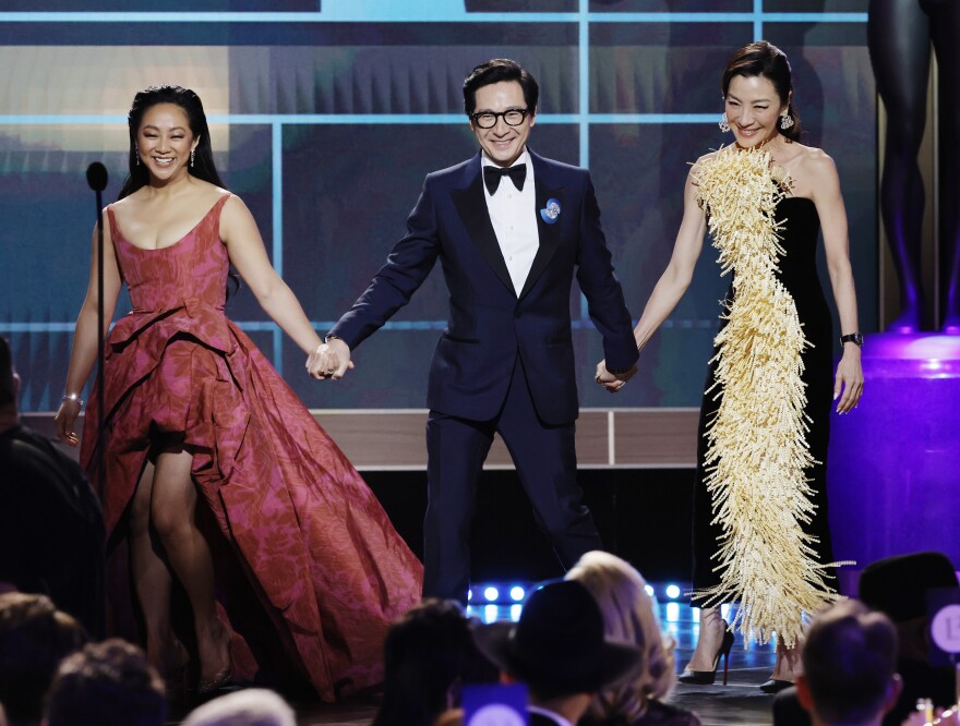 Stephanie Hsu, Ke Huy Quan and Michelle Yeoh appear onstage during the 29th Annual Screen Actors Guild Awards on Feb. 26, 2023 in Los Angeles, Calif.