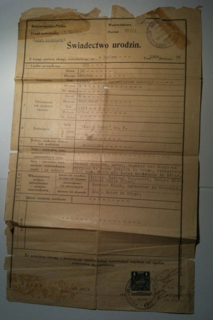 On his trip from Poland to the U.S., Jake Halpern's grandfather hid his colorfully-detailed birth certificate.
