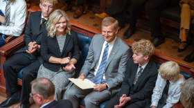Michael Menssen with his family in the Senate Chamber as he's confirmed to the Utah Supreme Court, at the Utah Capitol in Salt Lake City on Wednesday, Sept. 16, 2026.