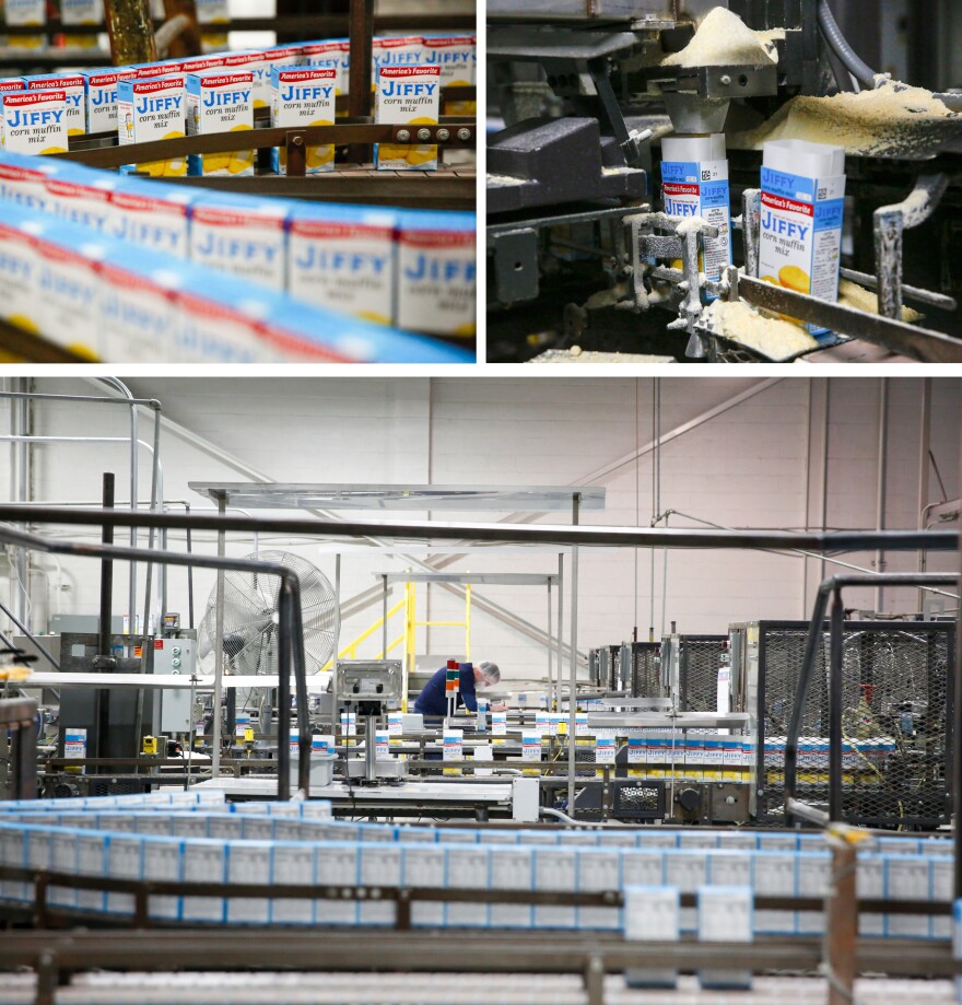 Scenes from the factory floor. (Top left) Filled and sealed boxes of corn muffin mix on a conveyor. (Top right) When boxes are filled with corn muffin mix, an extra little burst of golden mix shoots up into the air. (Bottom) A factory worker checks boxes after they've been filled with mix.