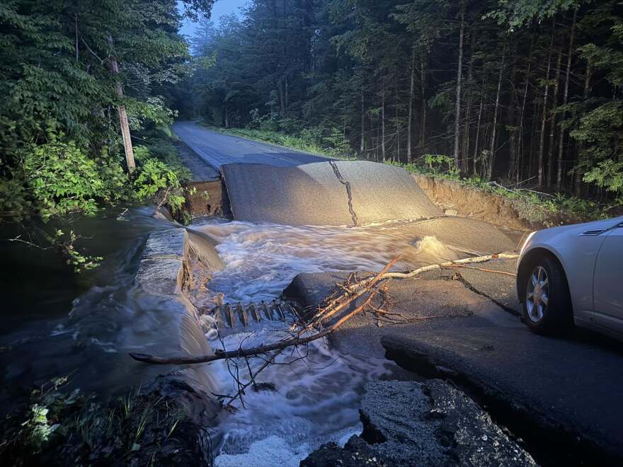 Flash flooding washed out part of Route 113 in Madison, NH, on June 11, 2026.