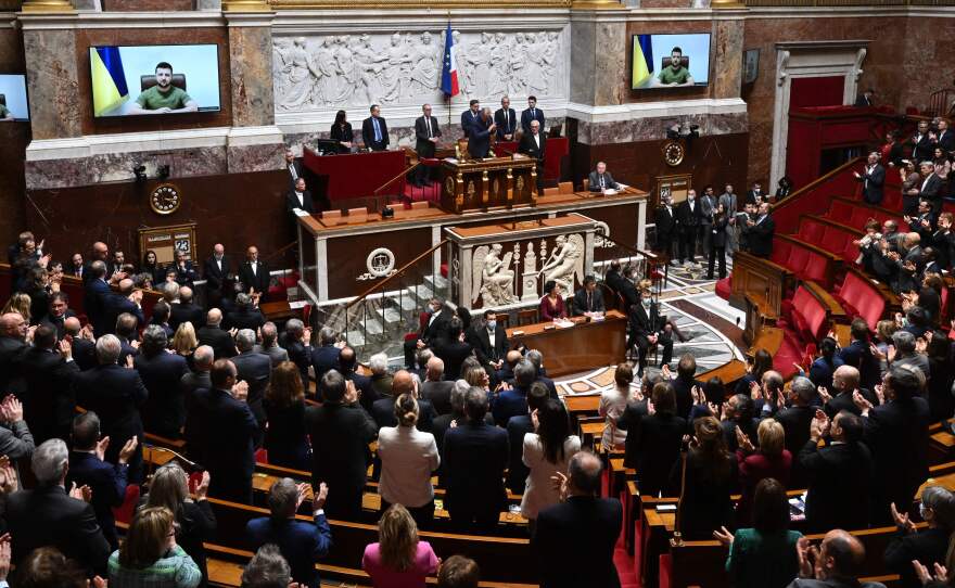 Ukrainian President Volodymyr Zelensky delivers a speech to the French National Assembly and Senate on Wednesday.