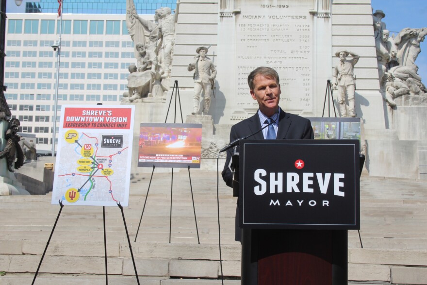 Republican mayoral candidate Jefferson Shreve standing in Monument Circle as he delivers his vision for downtown Indianapolis.