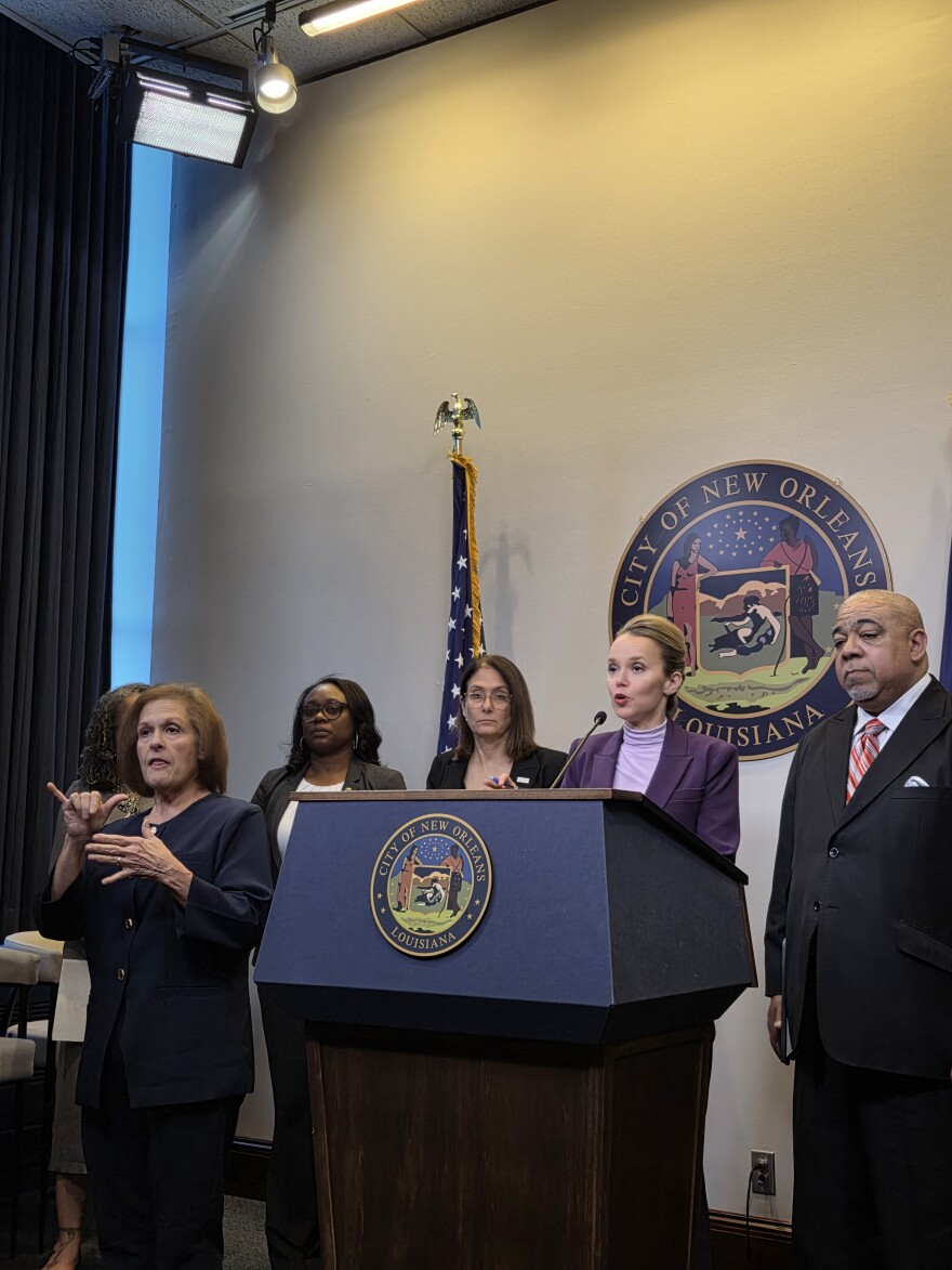 New Orleans Helena Moreno addresses reporters at a press conference detailing Mardi Gras safety plans on Monday, February 2, 2026.