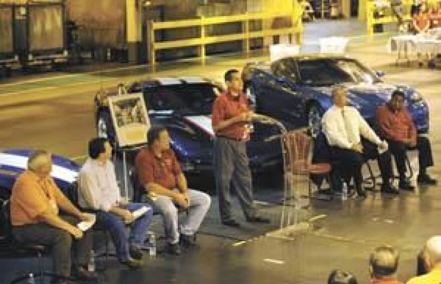 GM Bowling Green Assembly Plant Manager Dave Tatman (center) speaks today during the plant's 30th anniversary celebration.