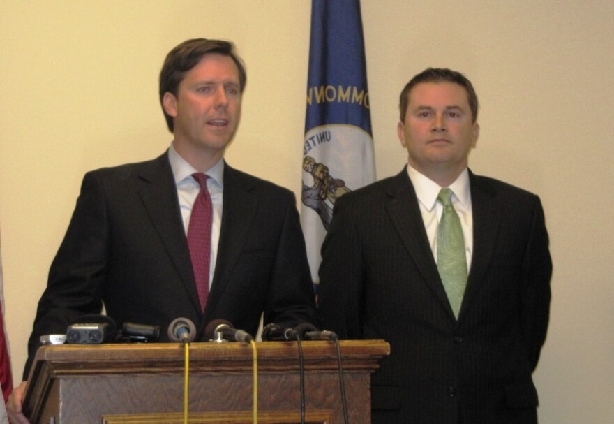State Auditor Adam Edelen (left) joined Agriculture Commissioner James Comer in announcing the examination of the agriculture department.
