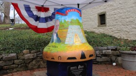 State College's "Bells Across PA" liberty bell sits outside the Centre Furnace Mansion on Friday, Nov. 21, 2025 in College Township, Pa.