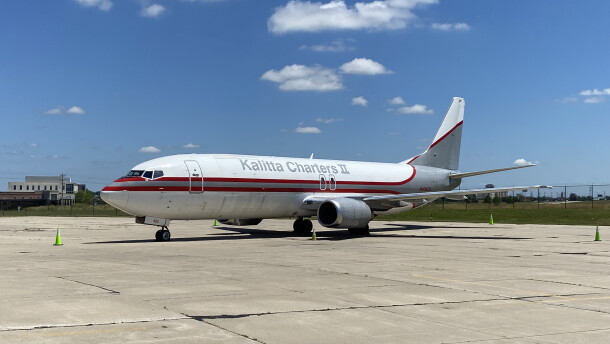 A cargo airplane is seen parked at the Central Illinois Regional Airport. 