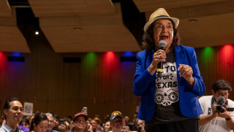 Dolores Huerta speaks at a campaign event for gubernatorial candidate Beto O’Rourke in 2022. The Mexican American labor leader and civil rights activist has died at the age of 96.