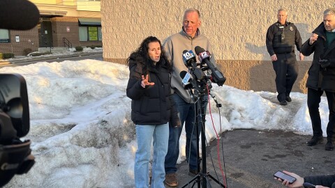 Pawtucket Police Chief Tina Goncalves (left) and Mayor Donald Grebien make their first statements on the Pawtucket shooting from earlier today.