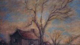 Color drawing of old wooden house on farmland with fences and trees as well as a couple walking along a path with two children playing in the background