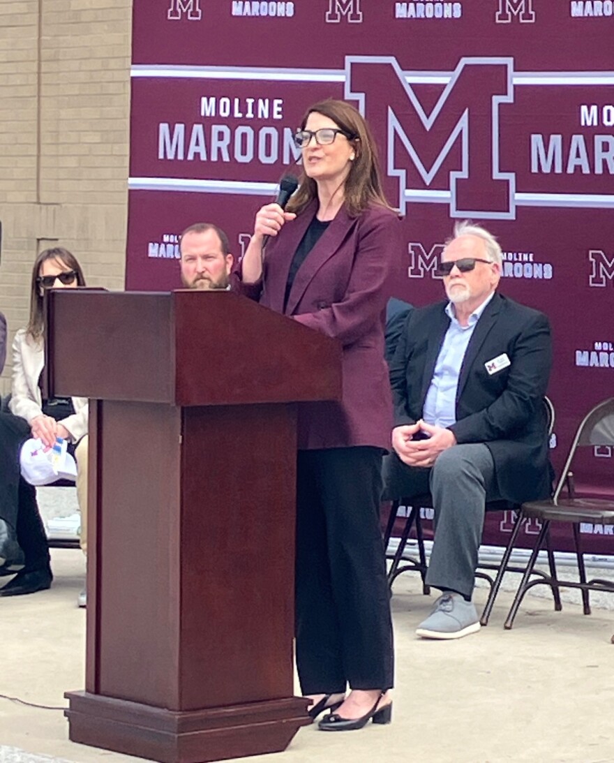 Rachel Savage, superintendent of the Moline-Coal Valley School District, speaking at Wednesday's groundbreaking, March 25, 2026.