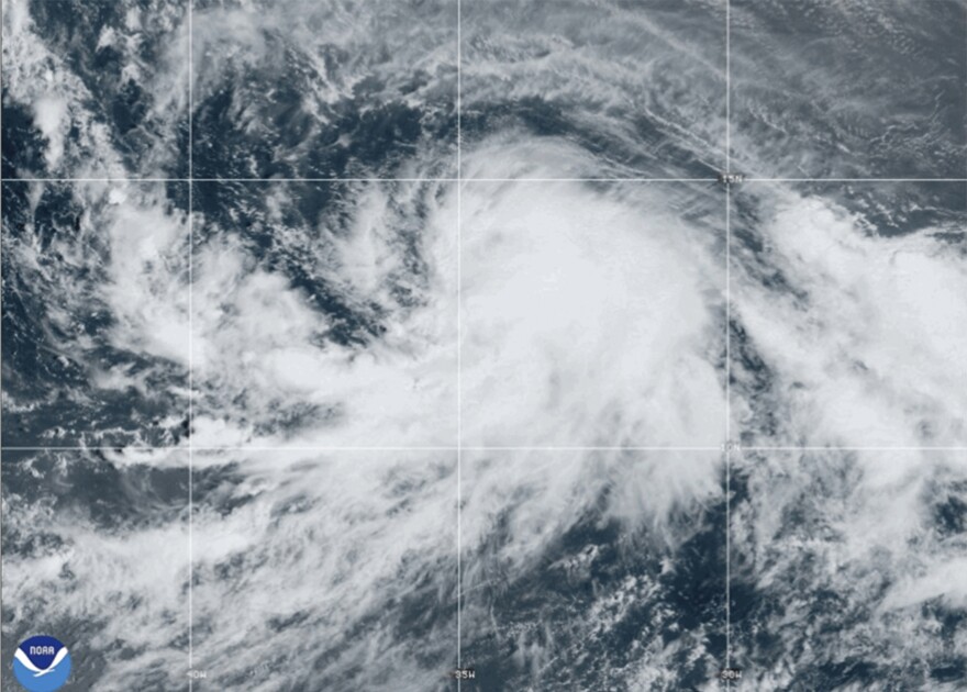 This satellite image provided by the National Oceanic and Atmospheric Administration, NOAA, shows Tropical Storm Kirk strengthening over the Atlantic Ocean, Monday, Sept. 30, 2024. (NOAA via AP)
