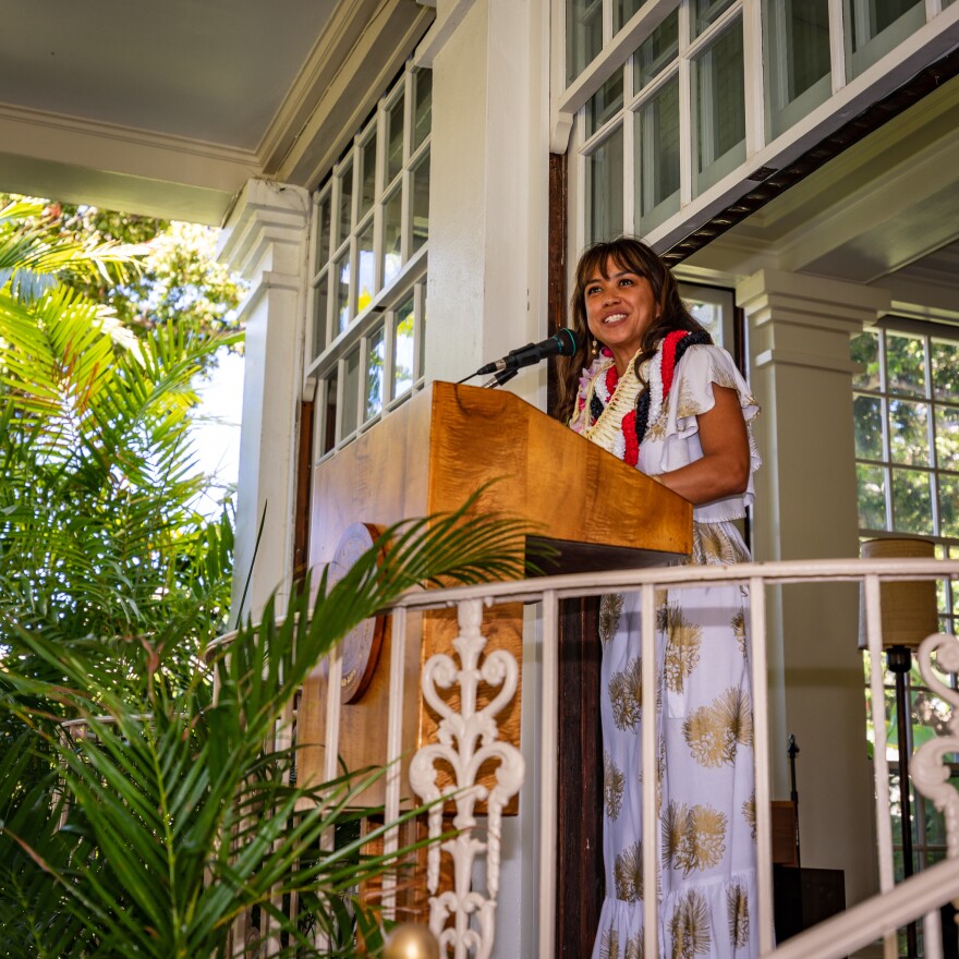 Maʻi Movement's Nikki-Ann Yee speaks at the bill signing on Monday, June 20, 2022.