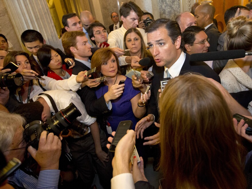 Republican Sen. Ted Cruz speaks to the media Wednesday after delivering a marathon Senate floor speech.