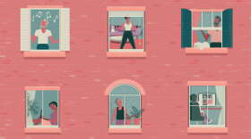 Vector illustration of a people seen through a windows inside their home during quarantine or self isolation, doing activities in their home.  Includes fully editable eps 10 vector with jpg.
