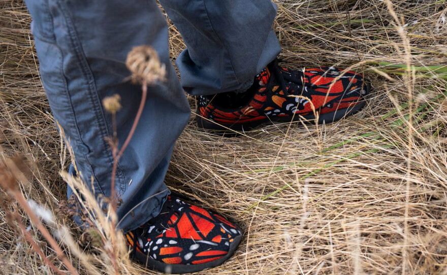A picture of someone wearing jeans and shoes painted in the design of a monarch butterfly.