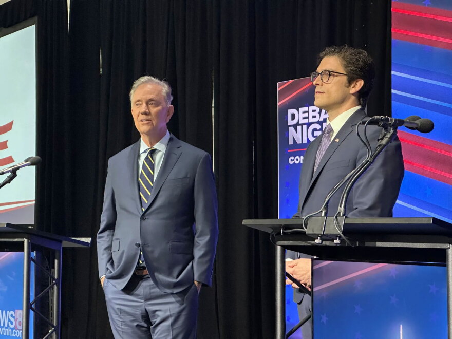 Gov. Ned Lamont and Republican gubernatorial candidate Ryan Fazio at a debate at Mohegan Sun on Tuesday, Oct. 27, 2026.