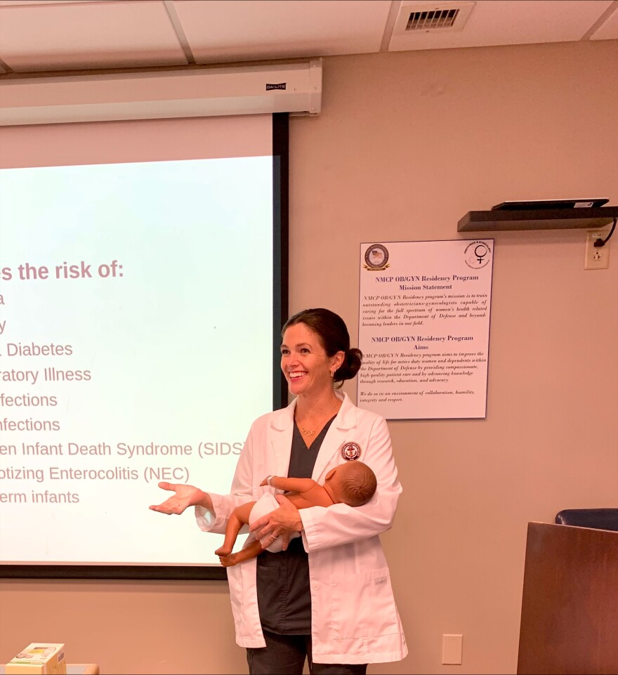 Navy-Marine Corps Relief Society visiting nurse Molly Curtis teaches a breastfeeding class in Portsmouth.