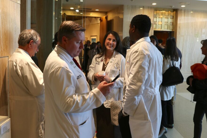 Health care professionals visited the New Mexico Capitol on Jan. 28, 2026, for "White Coat Day," in part to advocate for House Bill 99 reforming the state's medical malpractice law. Senate Democrats introduced 11 amendments to the bill on Feb. 16, 2026, during the final days of the legislative session. (Danielle Prokop/Source NM)