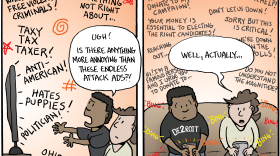 two panel comic with two people complaining about political ads in one, and in the other, the same two people complaining about text messages from politicians