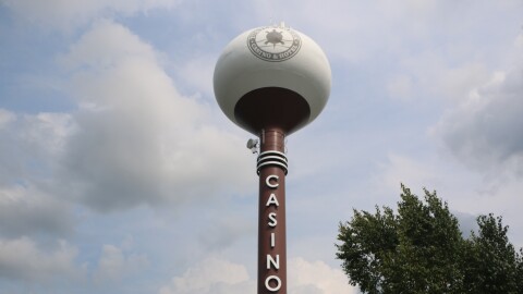 A water tower outside Turtle Creek Casino and Hotel in Williamsburg. (Photo : Austin Rowlader / NPR News)