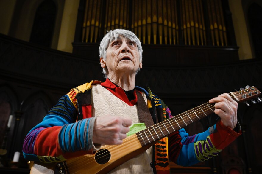Evelyn Avoglia rehearses protest songs with members of Moral Mondays Fairfield County at the Unitarian Universalist Congregation in Stamford, Connecticut on February 11, 2026.
