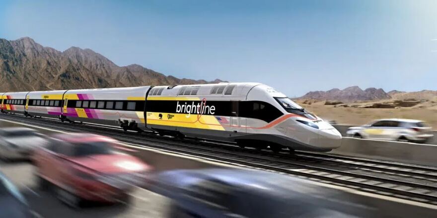 This undated illustration provided by Brightline West shows an illustration of the Brightline West High Speed Rail project train from Las Vegas to Rancho Cucamonga, Calif.