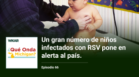 En la imagen se puede observar a un bebe sentado en una camilla en una oficina de doctor mientras una medica lo revisa que un estetoscopio. El bebe y la doctora tienen piel blanca y cabello rubio.  En el lado inferior de la imagen está el logo de ¿Qué Onda Michigan? sobre un fondo blanco. En la parte izquiera superior están las palabras: "WKAR". En la parte derecha las siguientes palabras están escritas: "Un gran número de niños infectados con RSV pone en alerta al pais"  y "Episodio 65". 