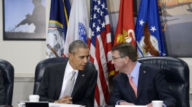 President Barack Obama (left) and U.S. Defense Secretary Ash Carter talk during a national security council meeting on the counter-ISIL campaign at the Pentagon Dec. 14, 2015 in Arlington, Va. (Olivier Douliery-Pool/Getty Images)