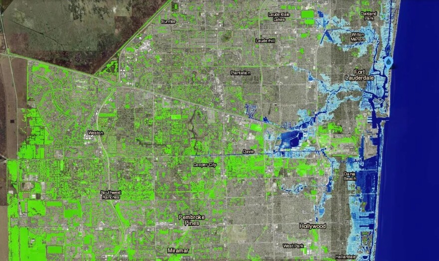 A NOAA projection map of what Broward County sea level inundation would look like with four feet of sea level rise. Blue indicates water. Green indicates low-lying areas. 