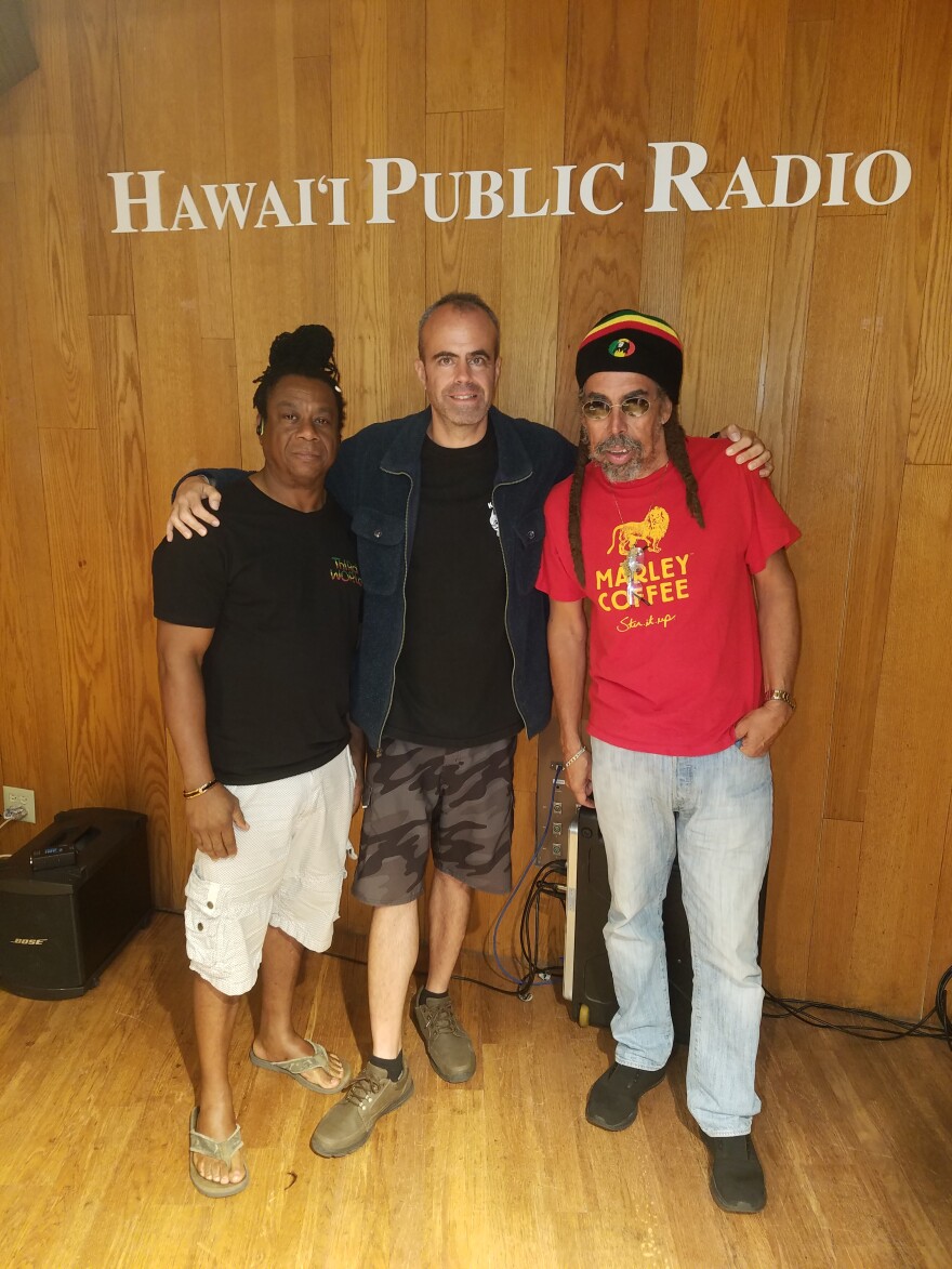 Dave with AJ and Cat of Third World at HPR's Atherton Performing Arts Studio, August 2018