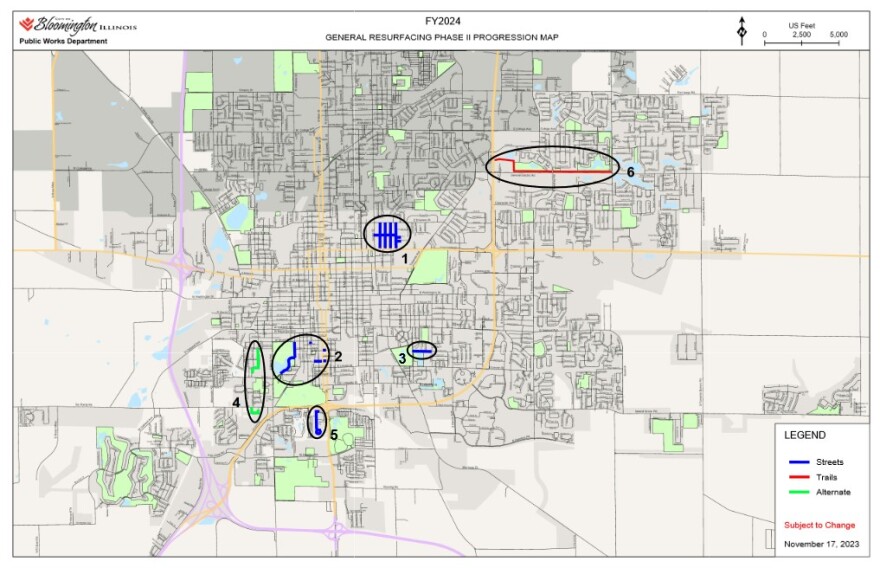 A full-color map, shows areas of Bloomington where general street resurfacing, and sidewalk, curb and gutter repairs are planned for this  year.