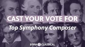 Background is a collage made up of 8 photos of well-known symphony composers with a purple overlay. Over that in white text reads CAST YOUR VOTE FOR Top Symphony Composer centered on the image and a white BTPM Classical logo centered at the bottom