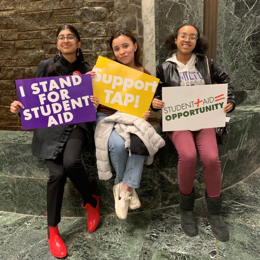 Hamilton College students Iman Rahman, Jasmine Florenso, and Amaris Martins participate in Student Aid Advocacy Day at the New York State Capitol in Albany