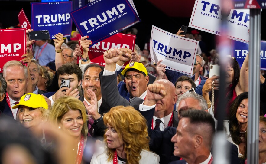 Attendees of the 2024 Republican National Convention cheer to usher the annoucement of JD Vance as Donald Trumps Vice Presidential running mate.