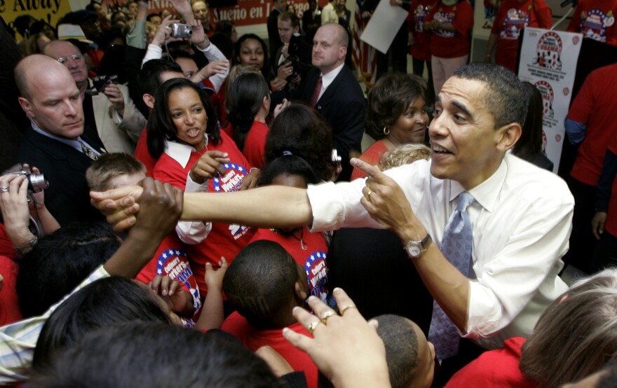 Then-Democratic presidential hopeful Barack Obama works the crowd at a rally with the Culinary Workers Union Local 226 in Las Vegas in January 2008.