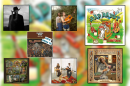 Seven different album covers are splayed out over a blurred image.