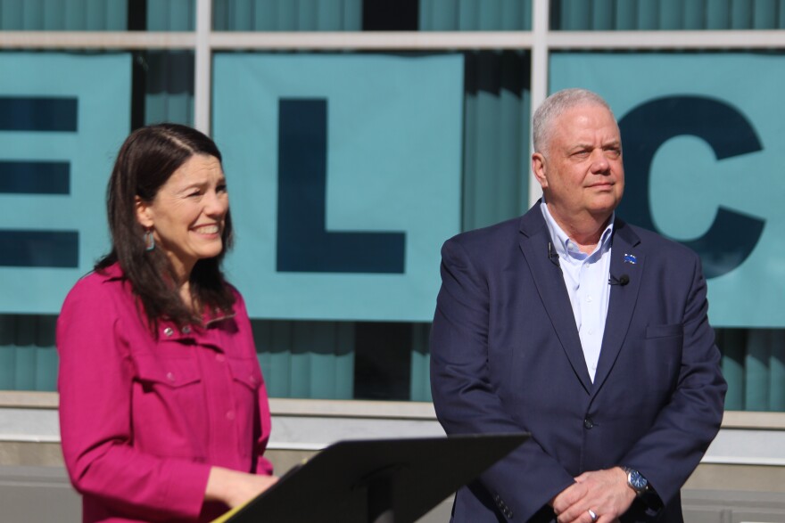 Anchorage mayoral candidate Suzanne LaFrance (left) and former candidate Bill Popp respond to reporter questions during a press conference on April 10, 2024. (Wesley Early/Alaska Public Media)
