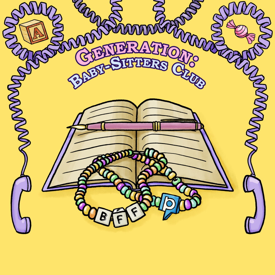 Illustration of a notebook open to blank pages with a pen across it and a candy necklace with the letters "B-F-F" in it. Above reads the podcast title "Generation: Baby-Sitters Club."