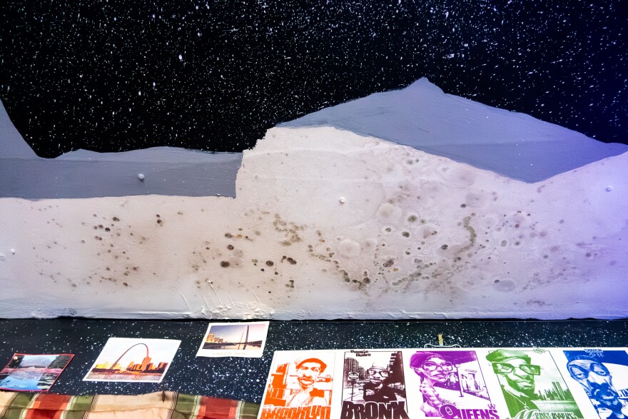 Mold spreads across a galaxy-themed ceiling mural inside Emma Stroud and Rahtu’s north St. Louis home on Wednesday, Sept. 10, 2025 The couple says rainwater seeped through the house for two months after the May 16 tornado while they disputed the cost and type of roof replacement proposed by State Farm.